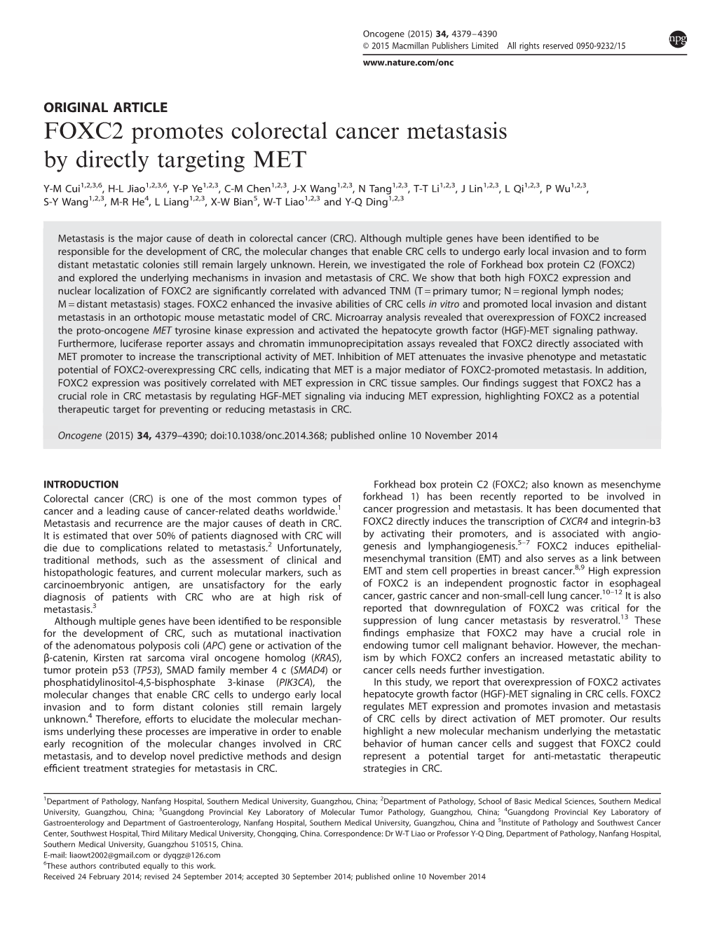 FOXC2 Promotes Colorectal Cancer Metastasis by Directly Targeting MET