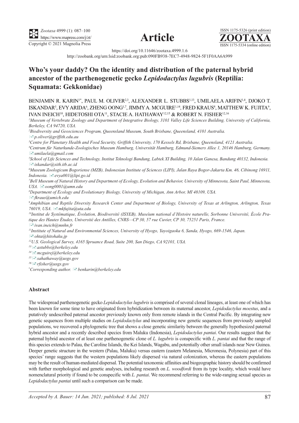 On the Identity and Distribution of the Paternal Hybrid Ancestor of the Parthenogenetic Gecko Lepidodactylus Lugubris (Reptilia: Squamata: Gekkonidae)