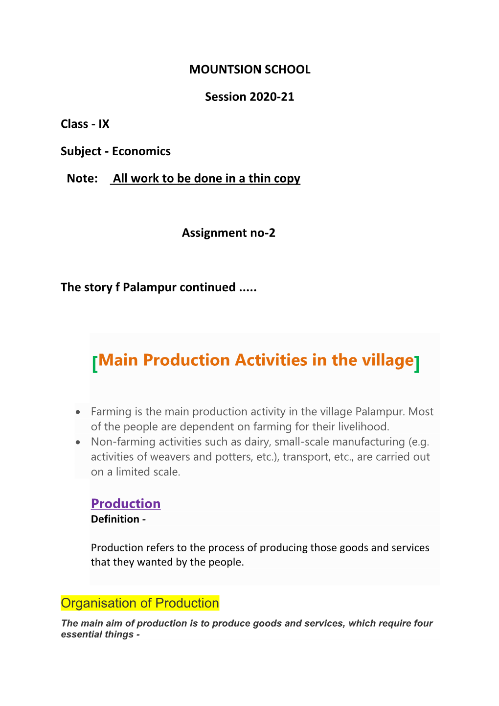 [Main Production Activities in the Village]