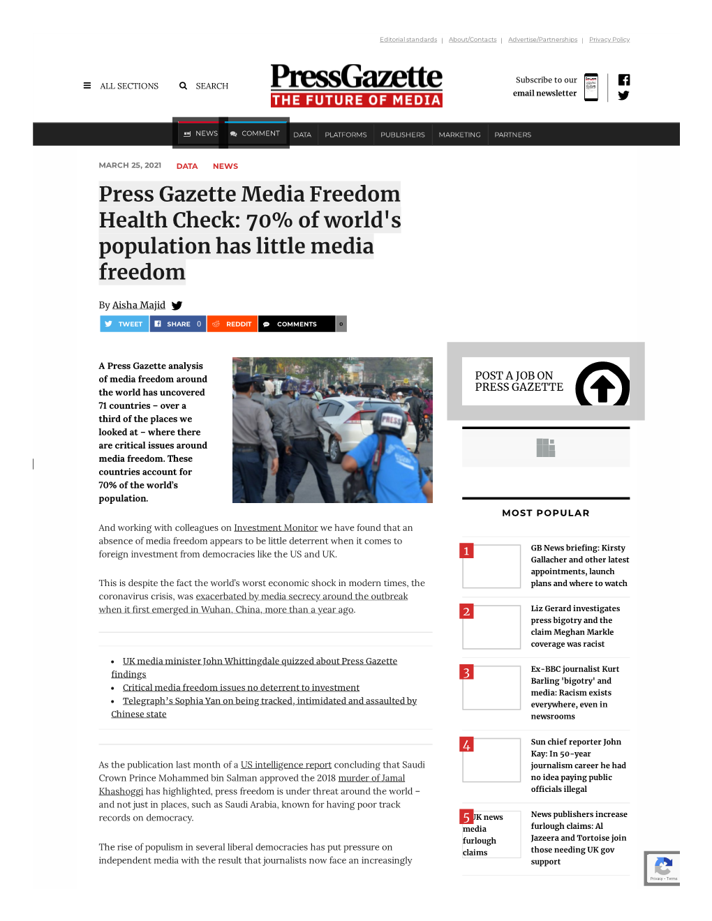 Press Gazette Media Freedom Health Check: 70% of World's Population Has Little Media Freedom