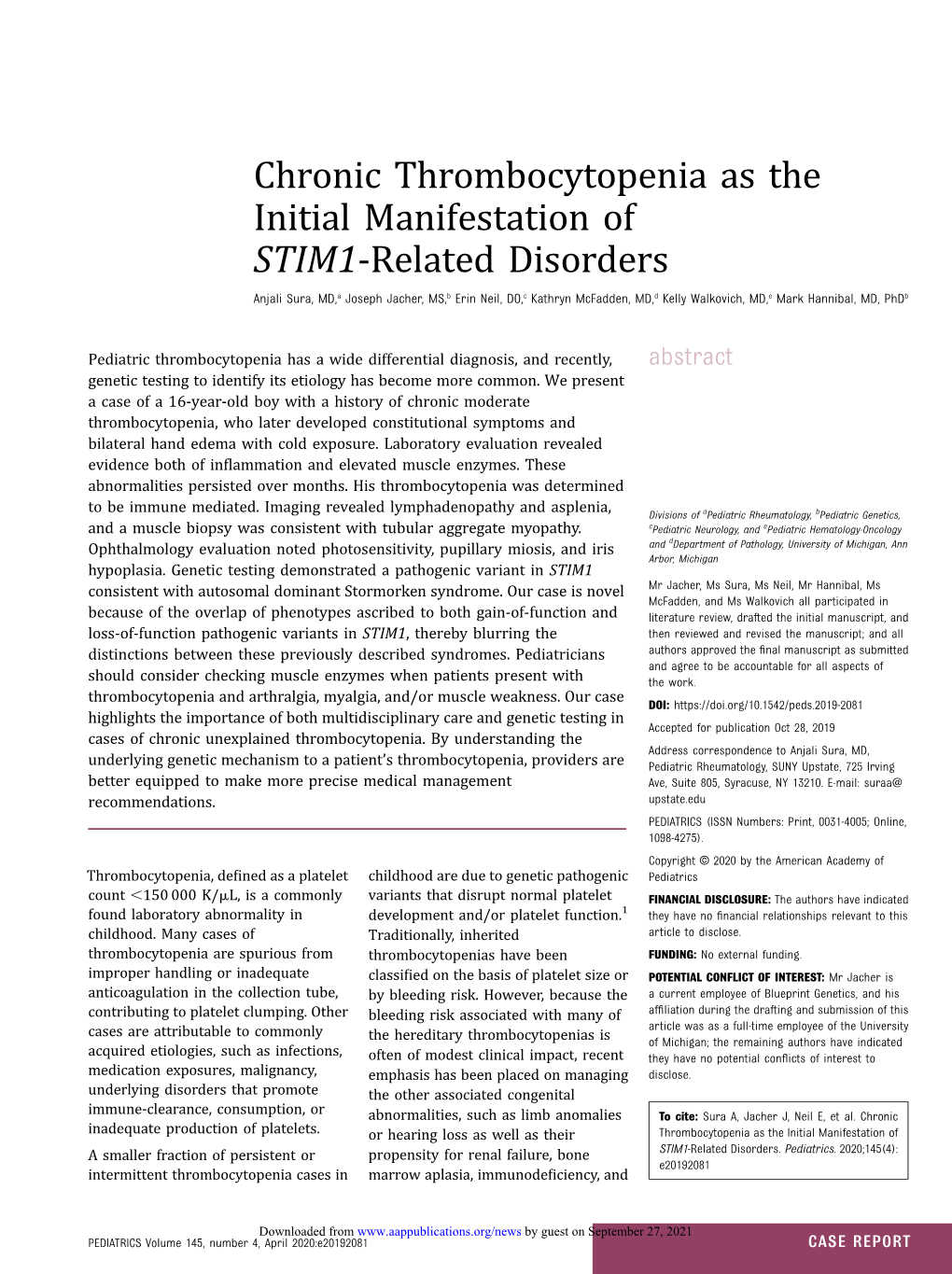 Chronic Thrombocytopenia As the Initial Manifestation of STIM1