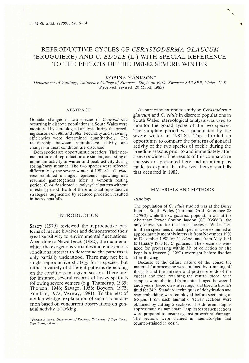 Reproductive Cycles of Cerastoderma Glaucum (Bruguiere) and C. Edule (L.) with Special Reference to the Effects of the 1981-82 Severe Winter