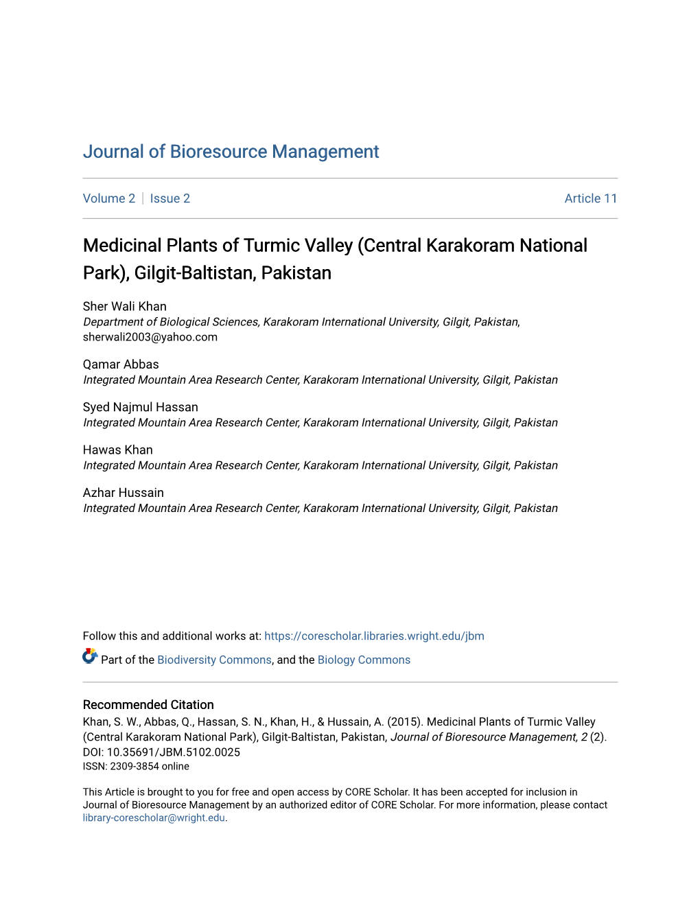 Medicinal Plants of Turmic Valley (Central Karakoram National Park), Gilgit-Baltistan, Pakistan