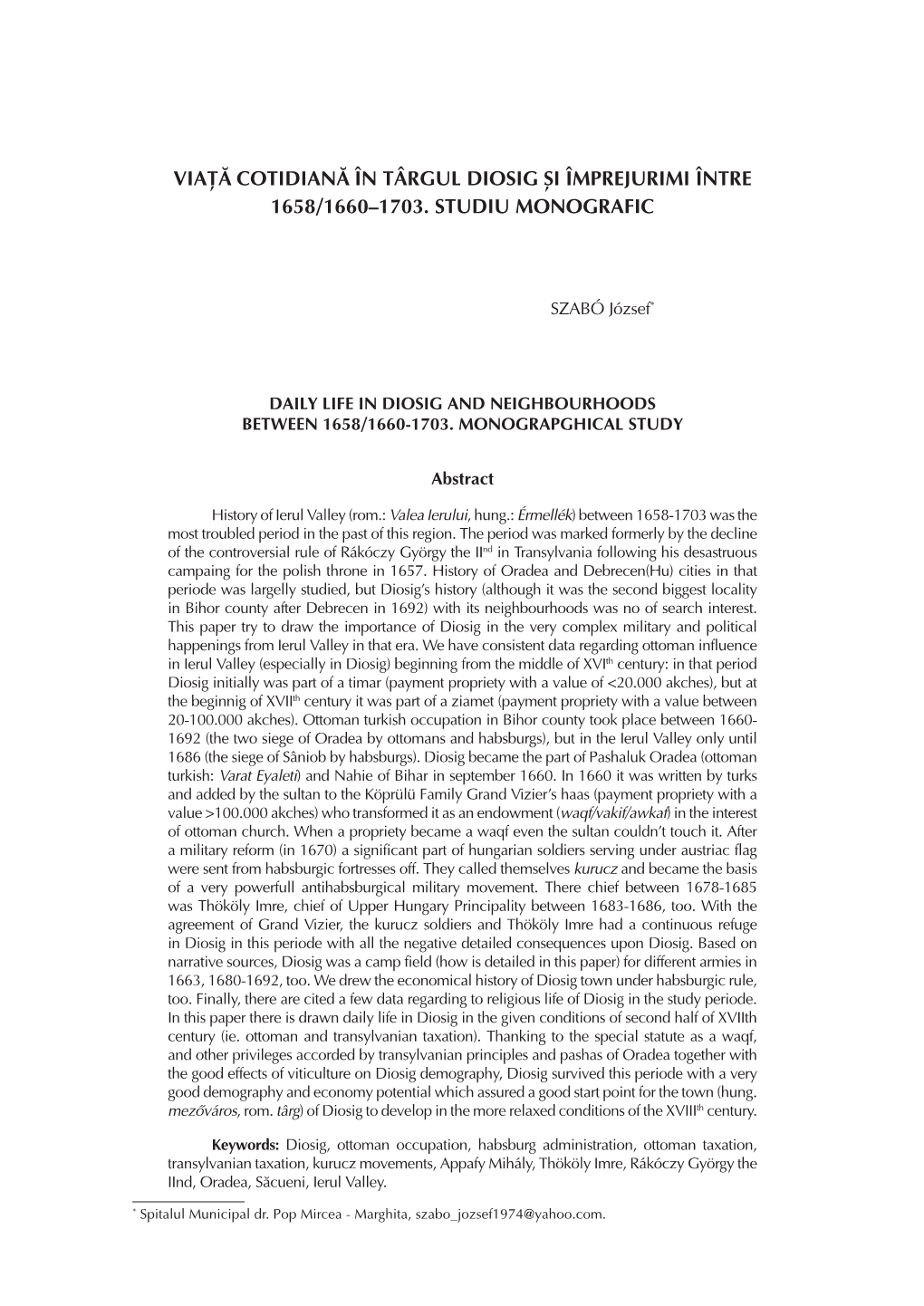 Viaţă Cotidiană În Târgul Diosig Şi Împrejurimi Între 1658/1660–1703