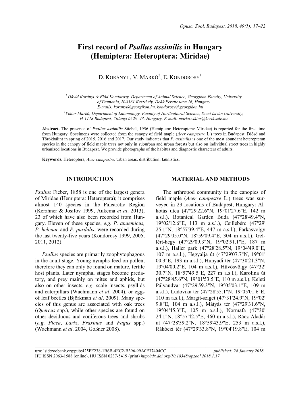 First Record of Psallus Assimilis in Hungary (Hemiptera: Heteroptera: Miridae)