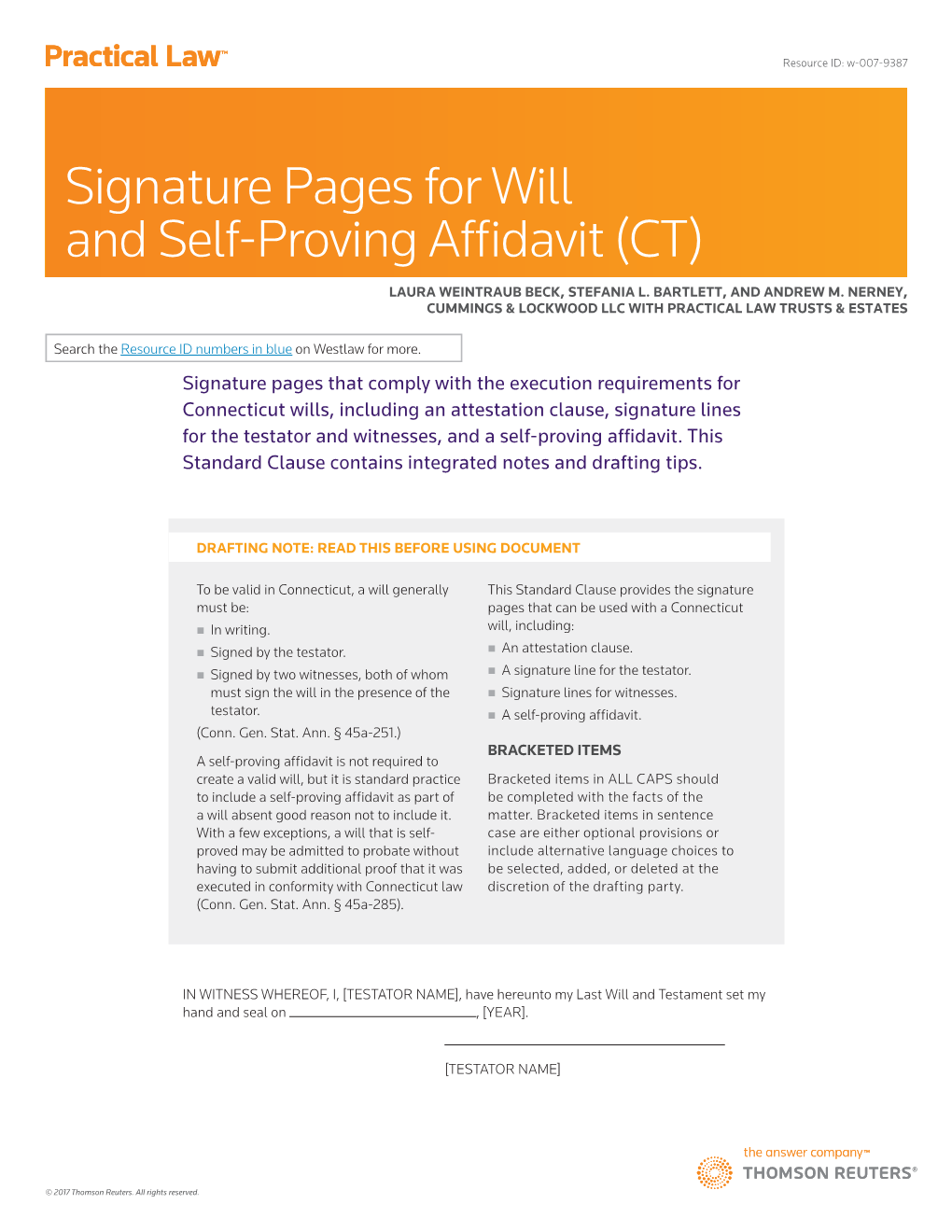 Signature Pages for Will and Self-Proving Affidavit (CT)