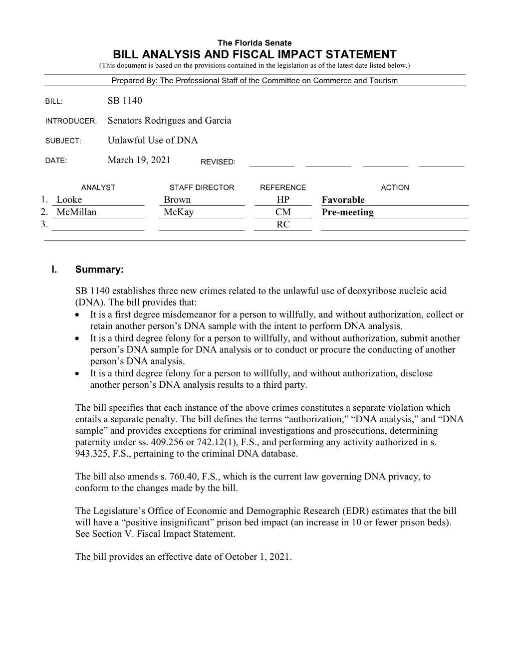 Bill Analysis and Fiscal Impact Statement