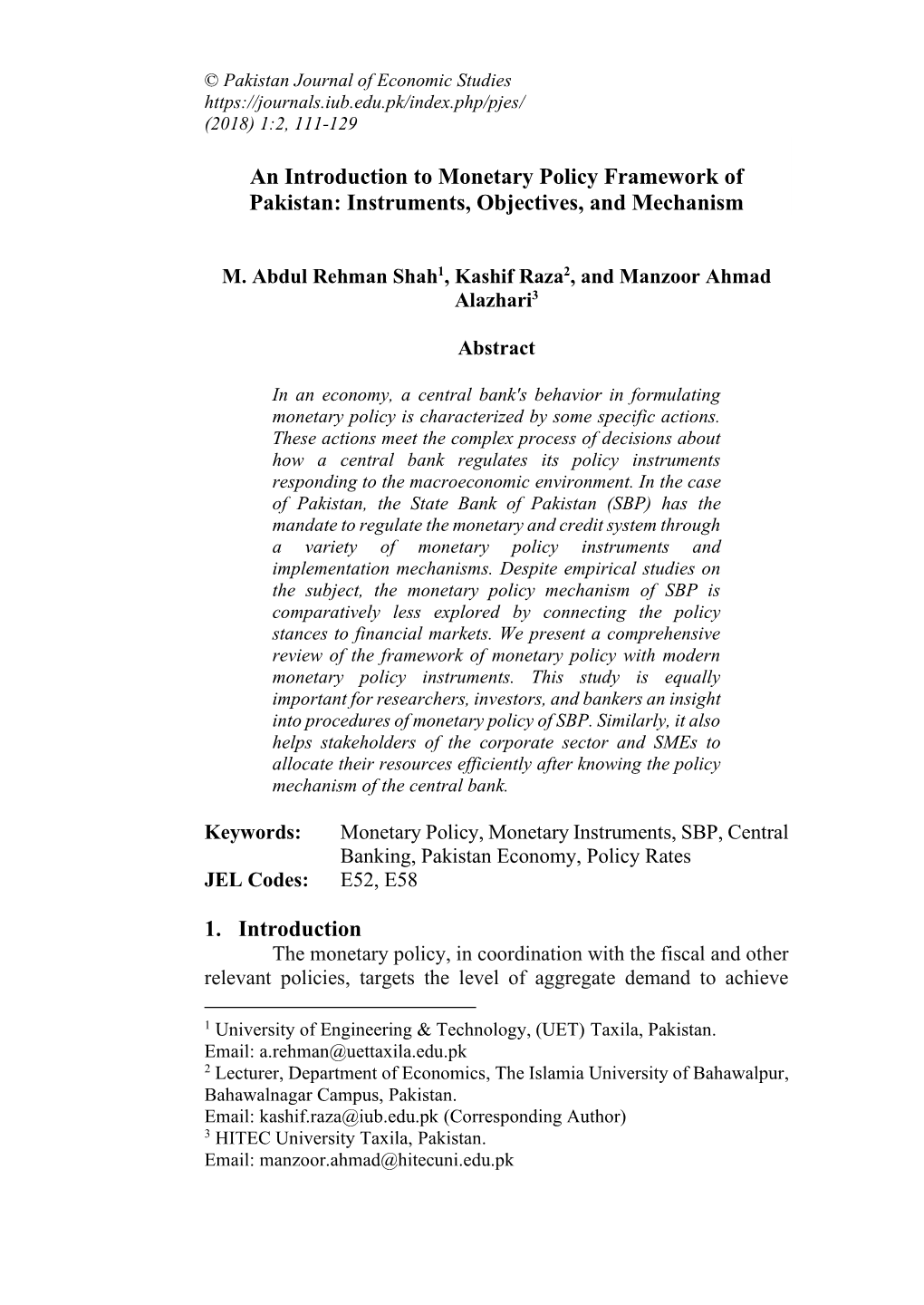 An Introduction to Monetary Policy Framework of Pakistan: Instruments, Objectives, and Mechanism