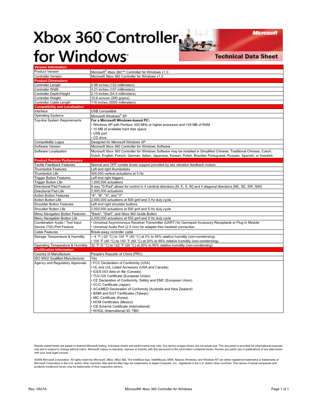 Version Information Product Version Microsoft® Xbox 360™ Controller for Windows V1.0 Controller Version Microsoft Xbox 360 Co