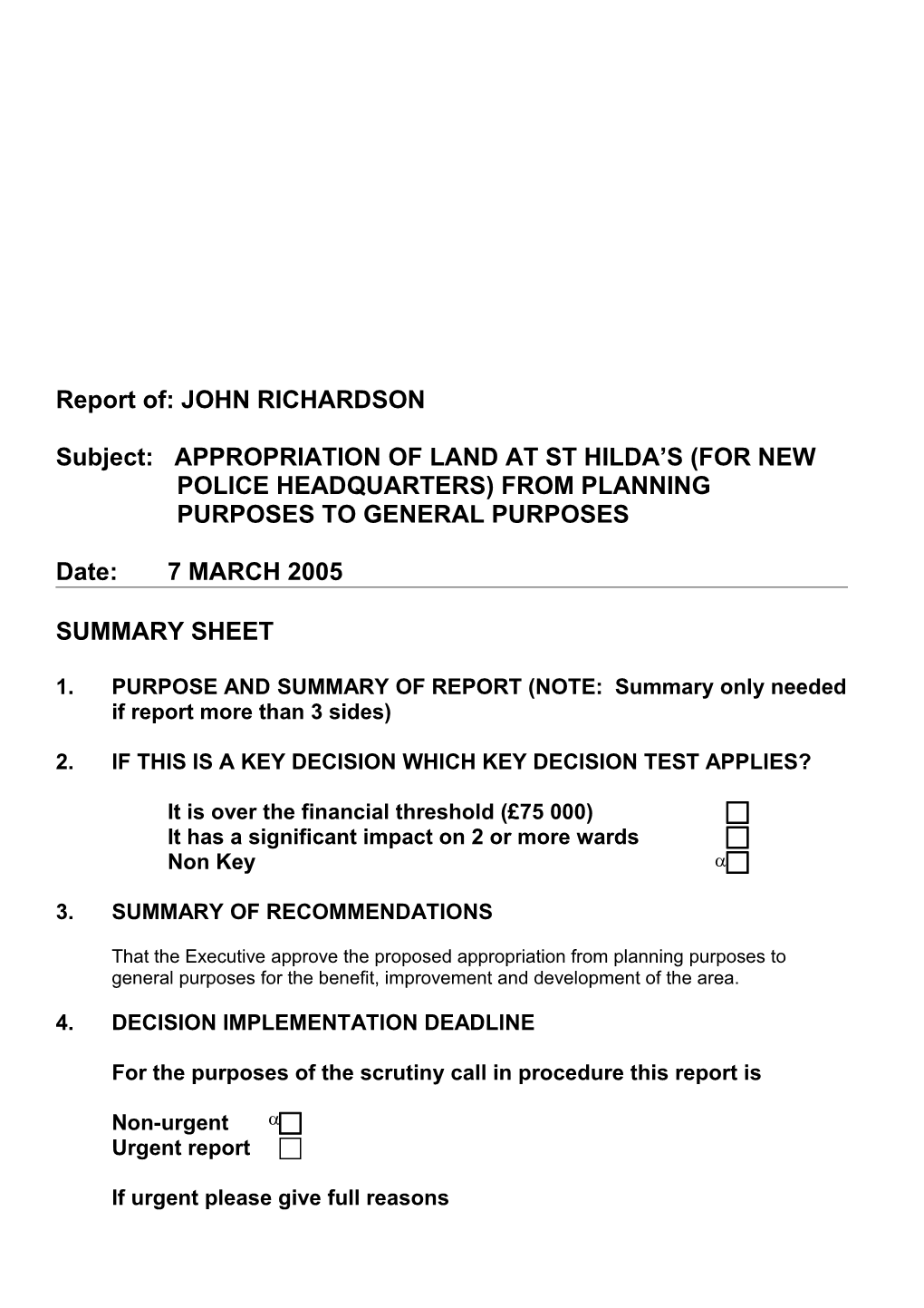 Report Of: JOHN RICHARDSON