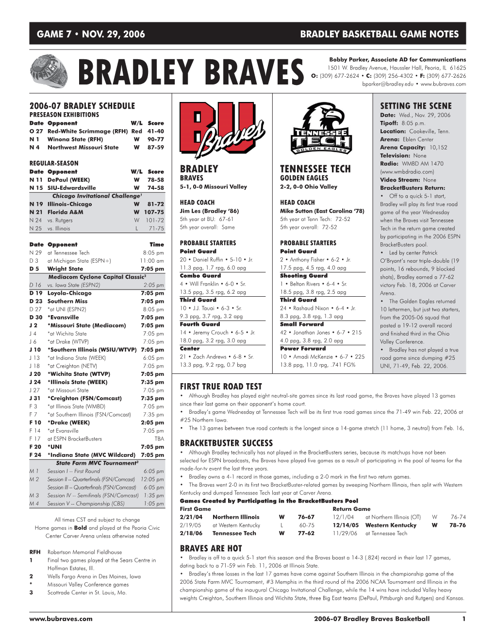 BRADLEY BRAVES Bparker@Bradley.Edu • 2006-07 BRADLEY SCHEDULE SETTING the SCENE PRESEASON EXHIBITIONS Date: Wed., Nov