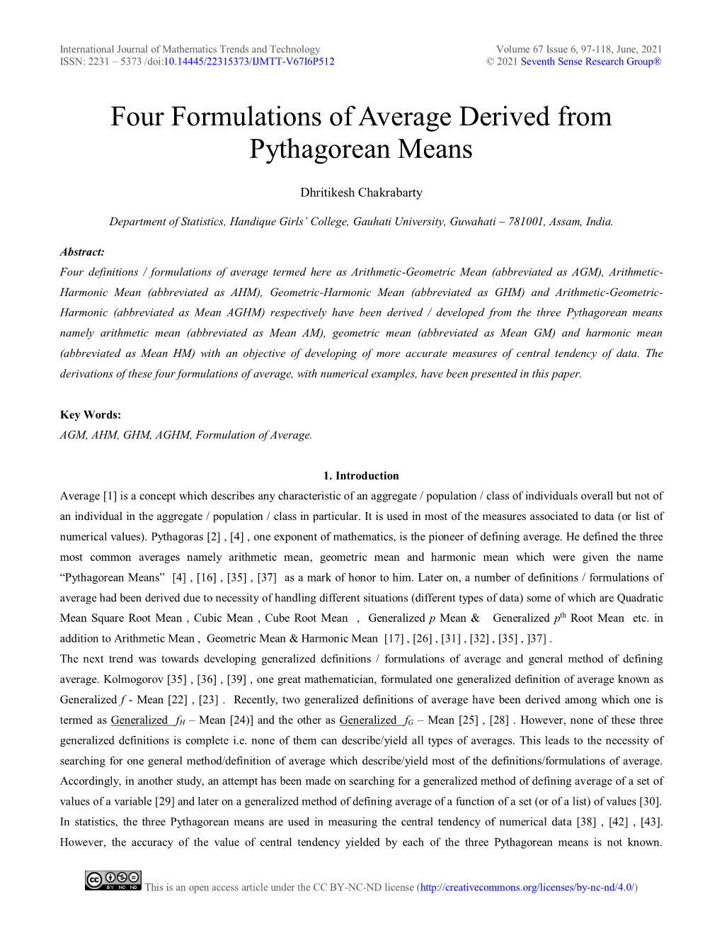 Four Formulations of Average Derived from Pythagorean Means