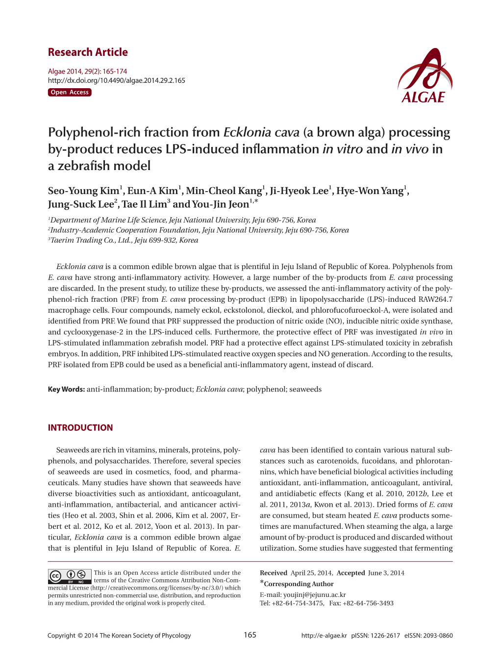 Polyphenol-Rich Fraction from Ecklonia Cava (A Brown Alga) Processing By-Product Reduces LPS-Induced Inflammationin Vitro and in Vivo in a Zebrafish Model