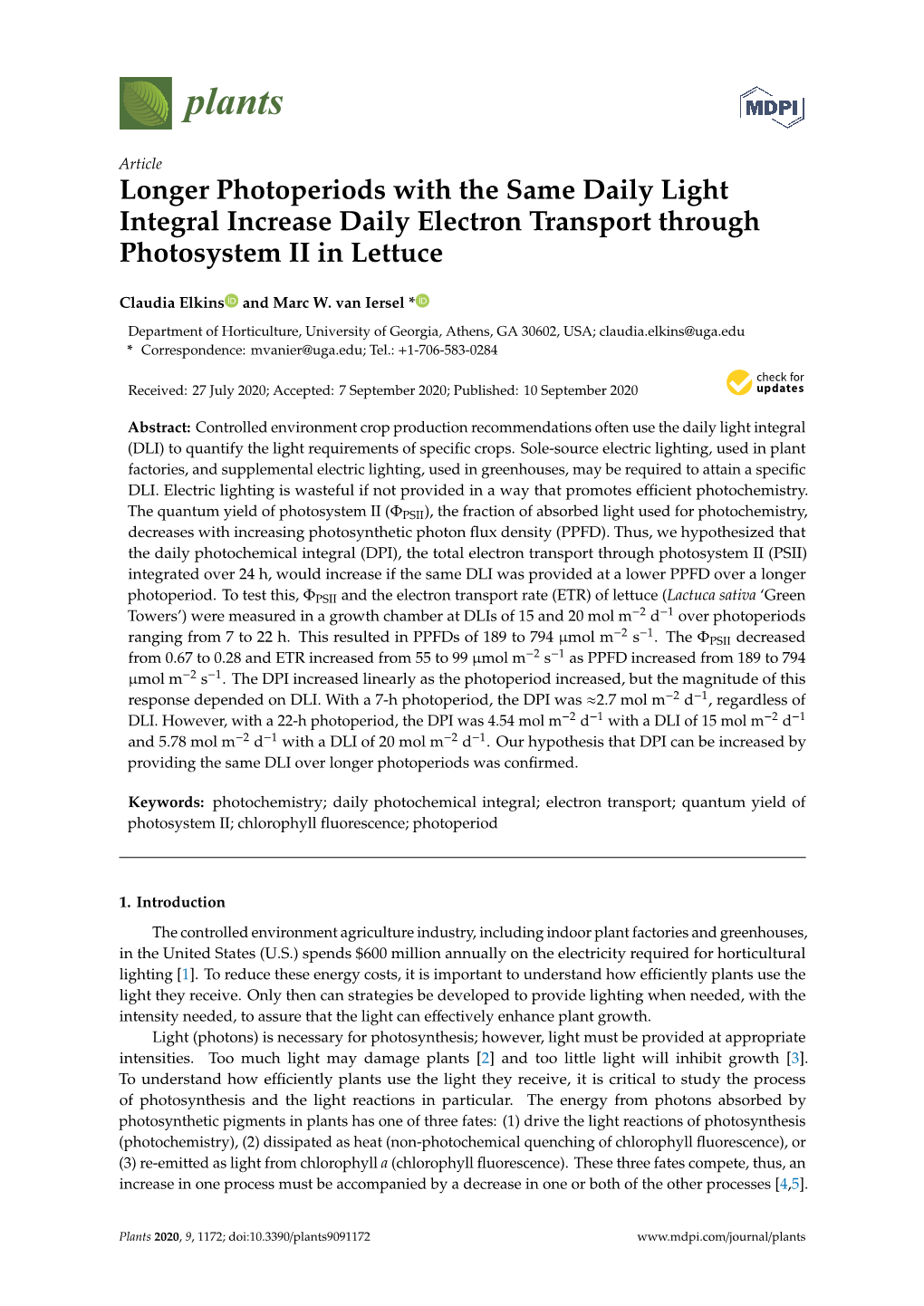 Longer Photoperiods with the Same Daily Light Integral Increase Daily Electron Transport Through Photosystem II in Lettuce