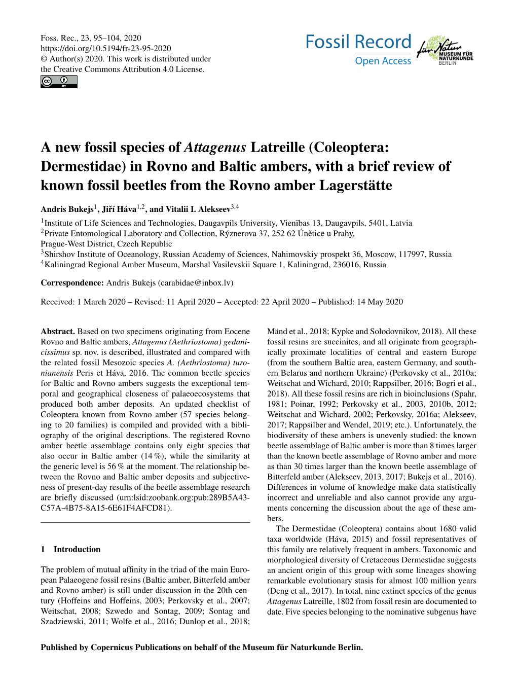 A New Fossil Species of Attagenus Latreille