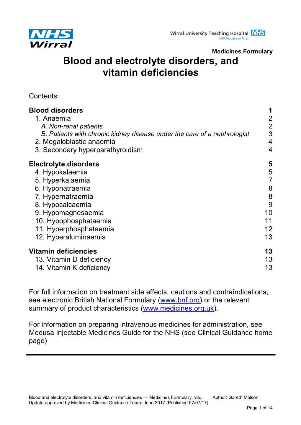 Blood and Electrolyte Disorders, and Vitamin Deficiencies