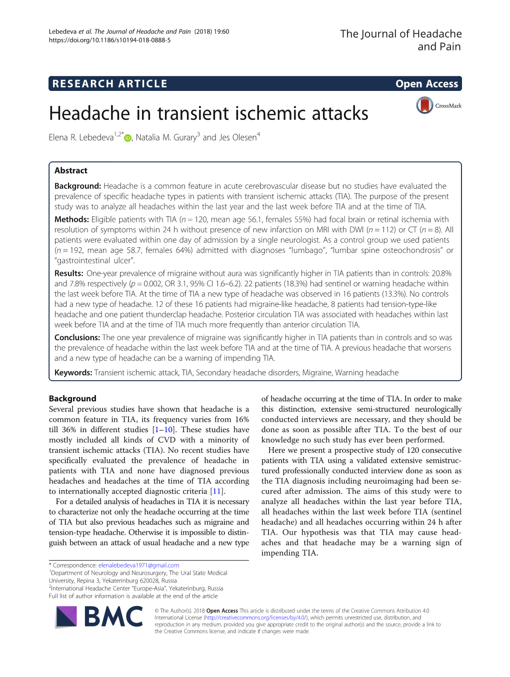 Headache in Transient Ischemic Attacks Elena R