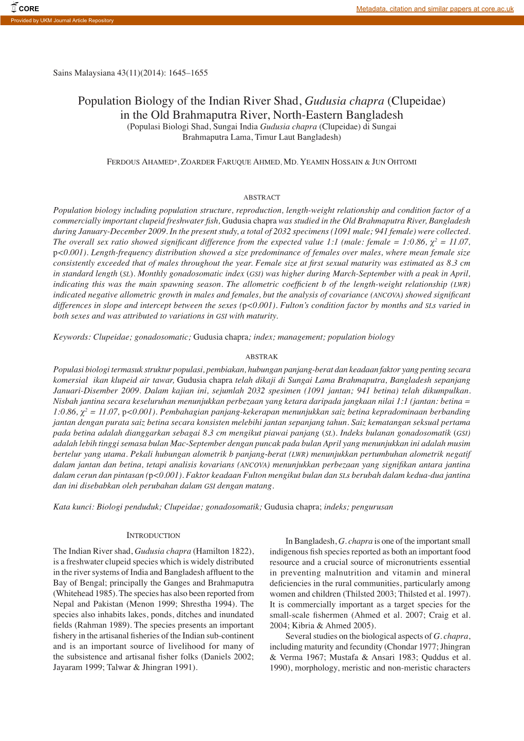 Population Biology of the Indian River Shad, Gudusia Chapra