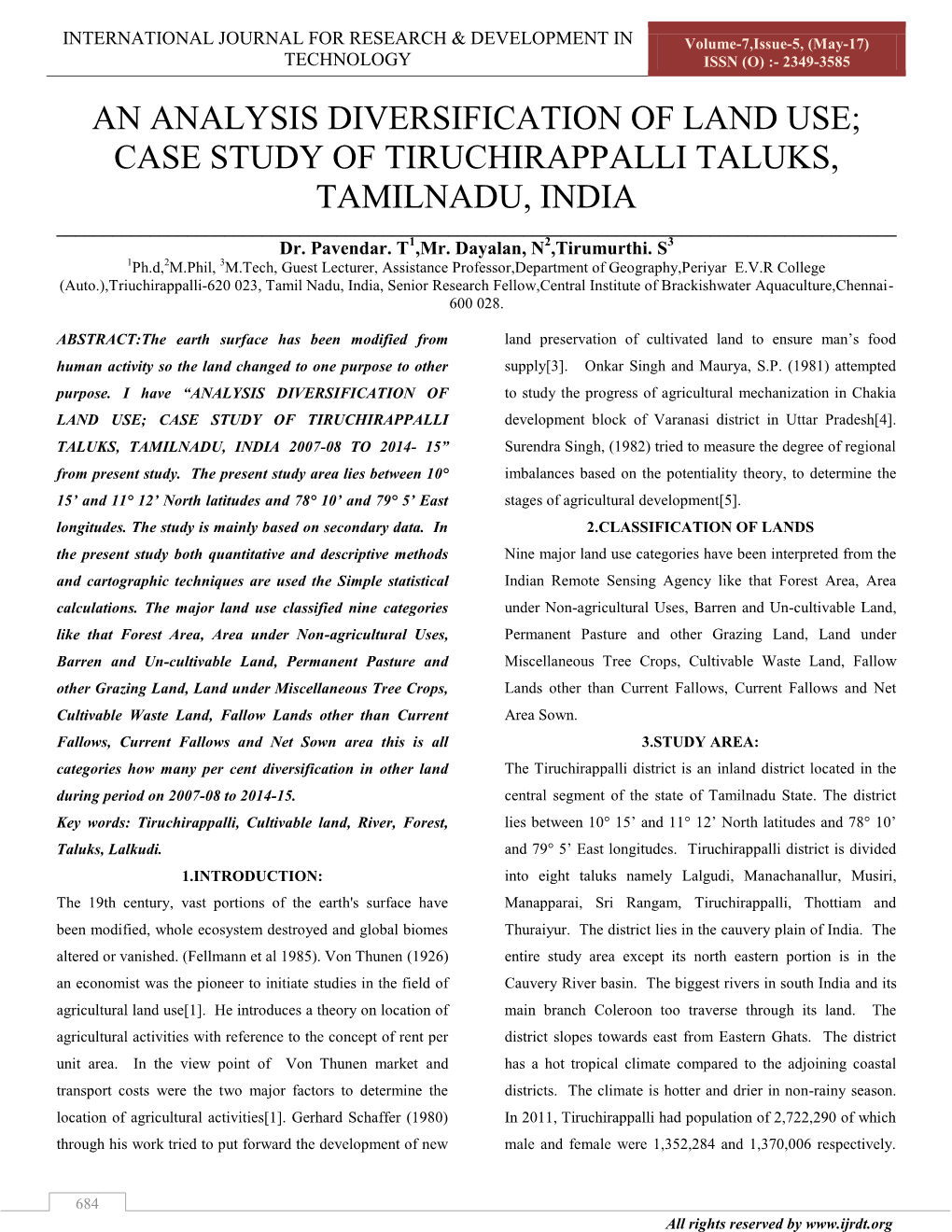 AN ANALYSIS DIVERSIFICATION of LAND USE; CASE STUDY of TIRUCHIRAPPALLI TALUKS, TAMILNADU, INDIA ______Dr