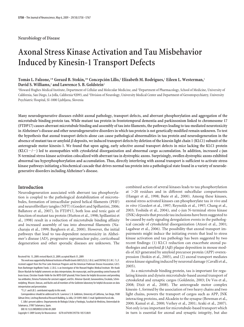 Axonal Stress Kinase Activation and Tau Misbehavior Induced by Kinesin-1 Transport Defects