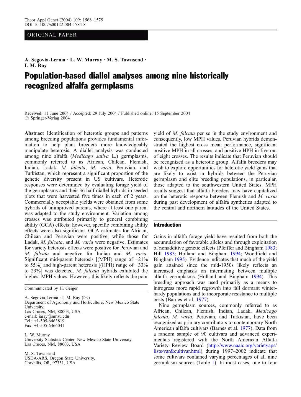 Population-Based Diallel Analyses Among Nine Historically Recognized Alfalfa Germplasms