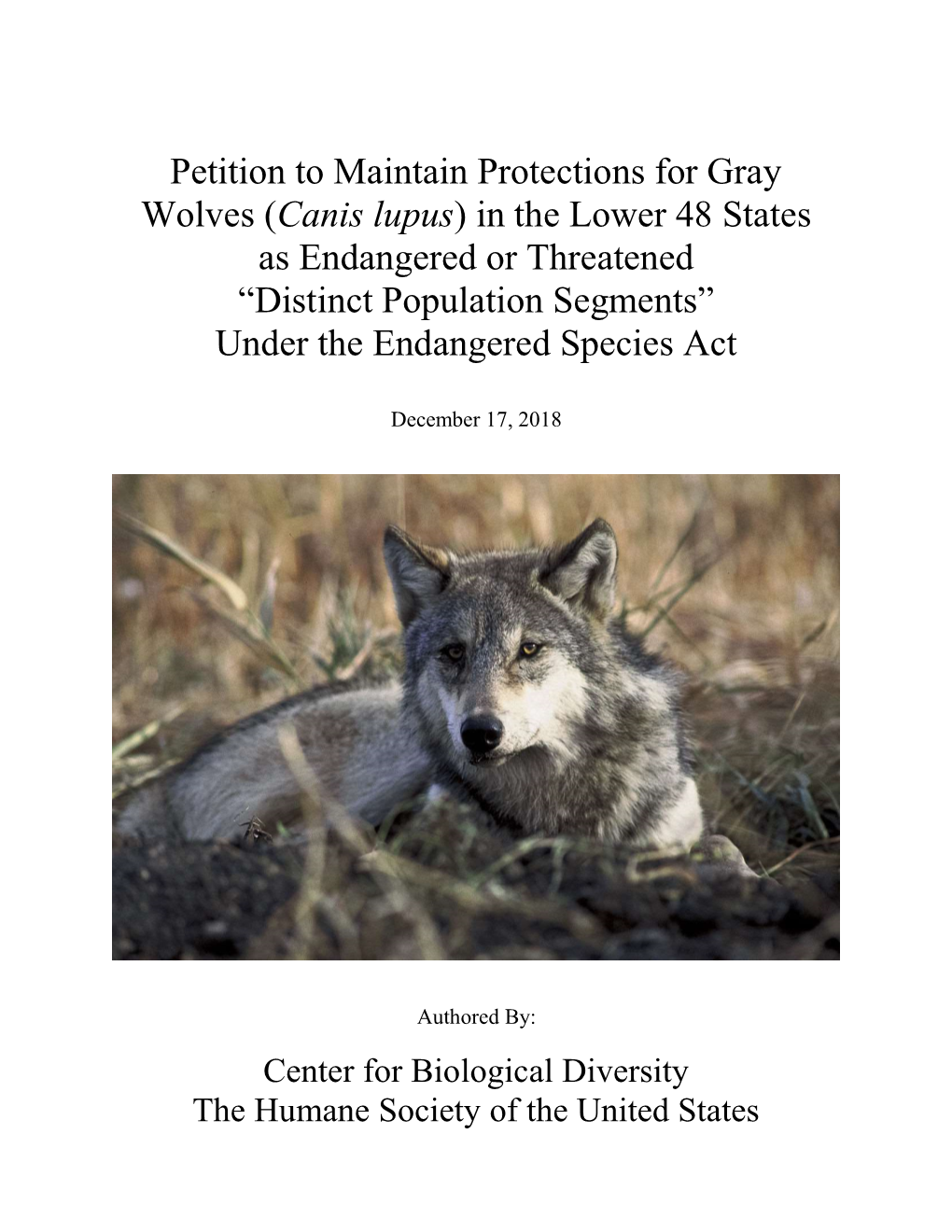 2018 Petition to Maintain Gray Wolf Protections