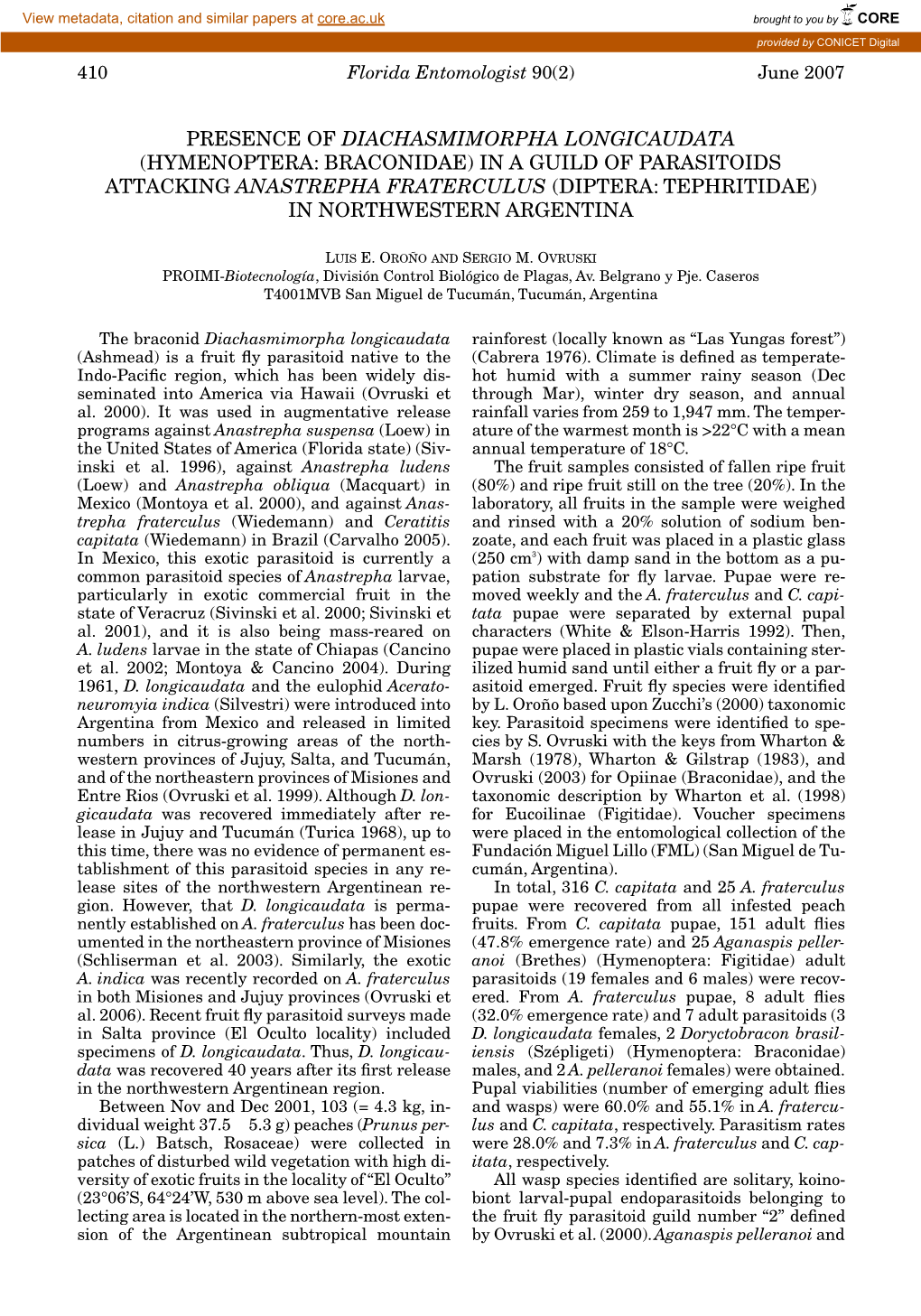 Hymenoptera: Braconidae) in a Guild of Parasitoids Attacking Anastrepha Fraterculus (Diptera: Tephritidae) in Northwestern Argentina