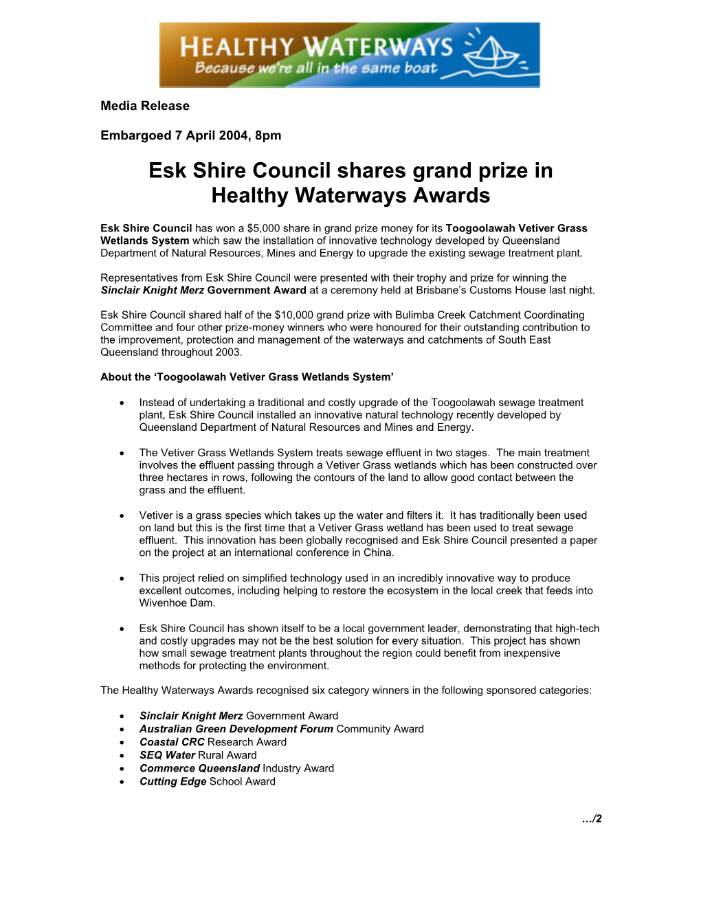 Esk Shire Council (Australia) Shares Grand Prize in Healthy Waterways