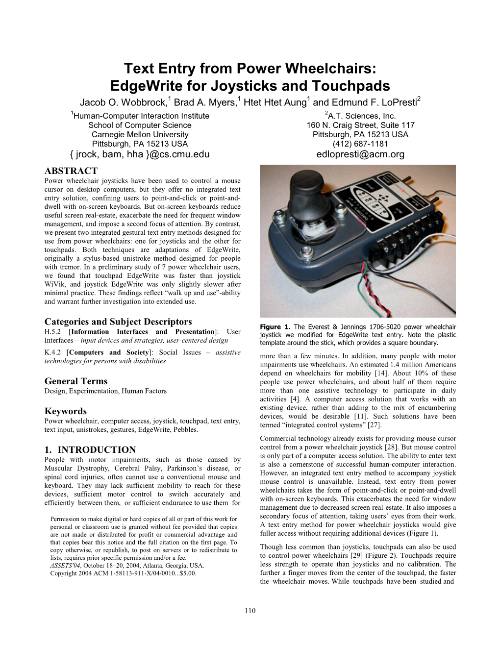 Text Entry from Power Wheelchairs: Edgewrite for Joysticks and Touchpads Jacob O