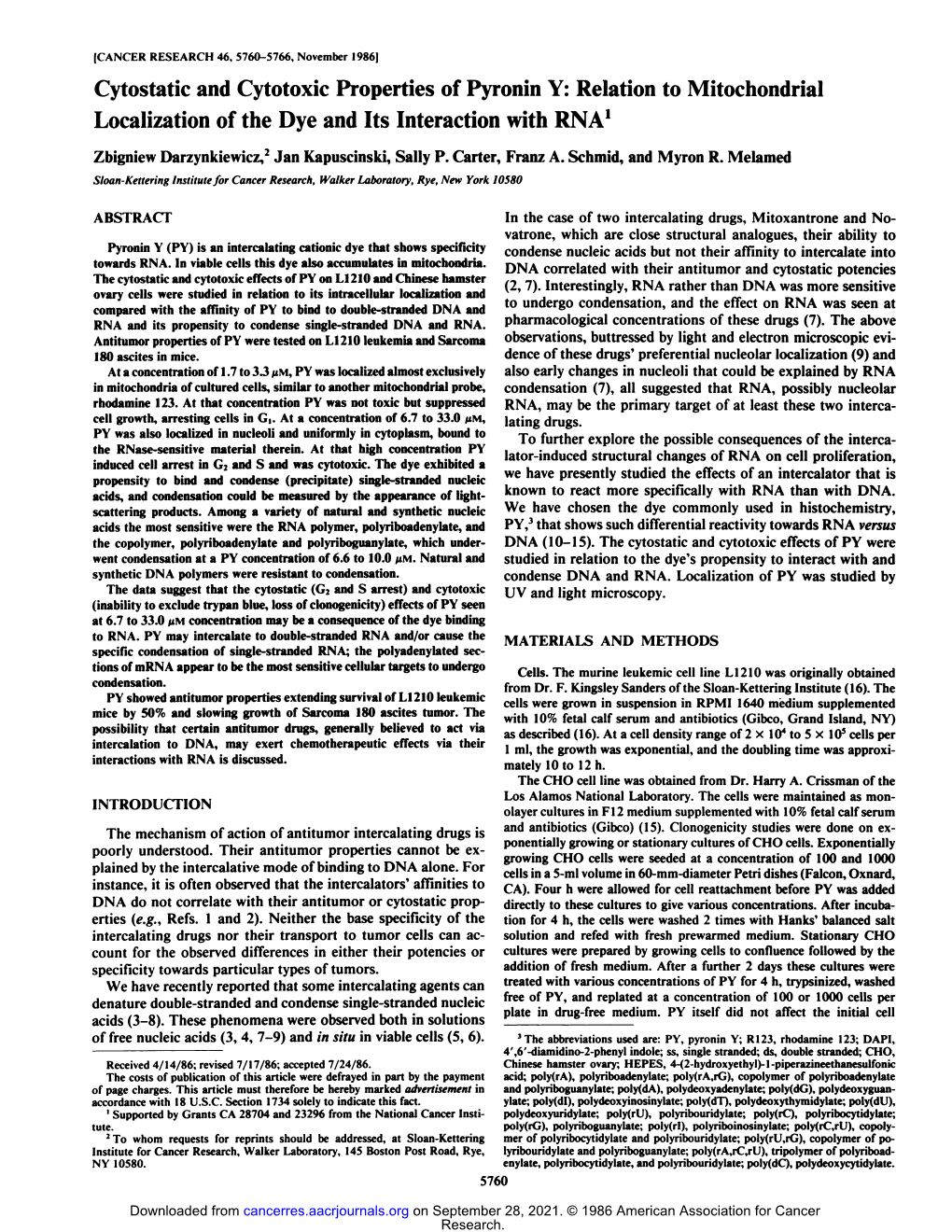 Cytostatic and Cytotoxic Properties of Pyronin Y: Relation to Mitochondrial Localization of the Dye and Its Interaction with RNA1