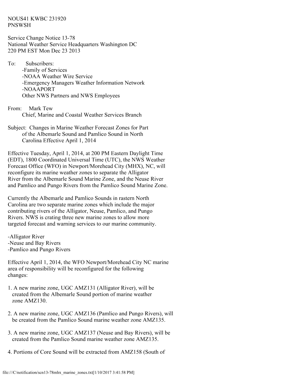 NOUS41 KWBC 231920 PNSWSH Service Change Notice 13-78