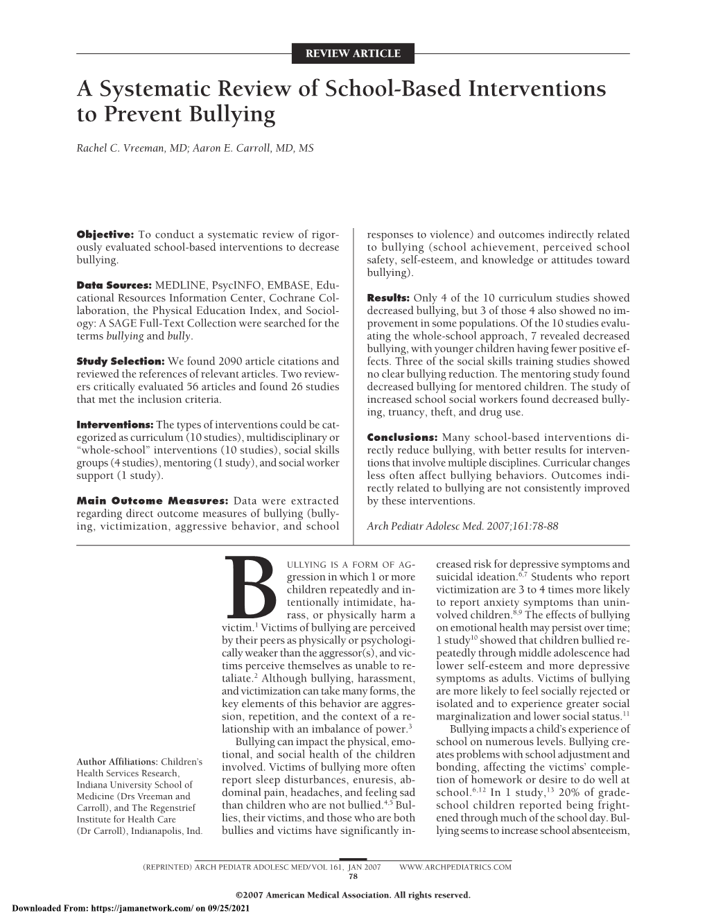 A Systematic Review of School-Based Interventions to Prevent Bullying