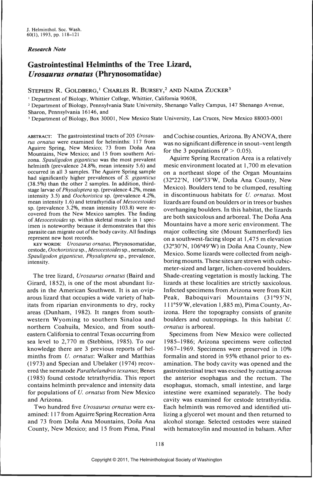 Gastrointestinal Helminths of the Tree Lizard, Urosaurus Ornatus (Phrynosomatidae)