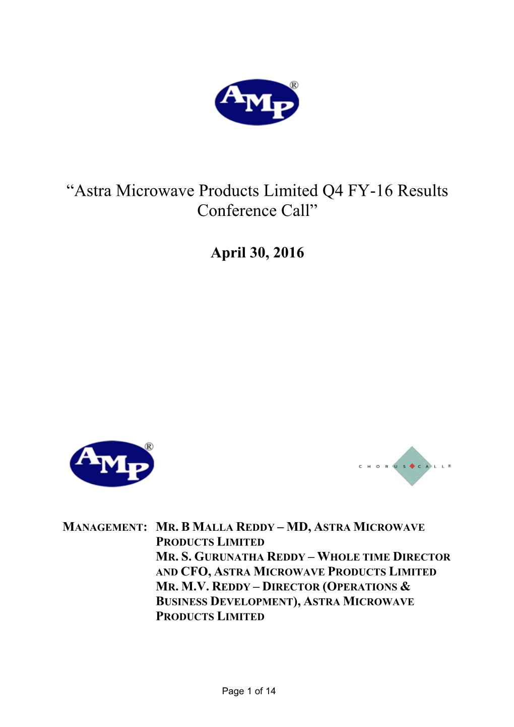 “Astra Microwave Products Limited Q4 FY-16 Results Conference Call”