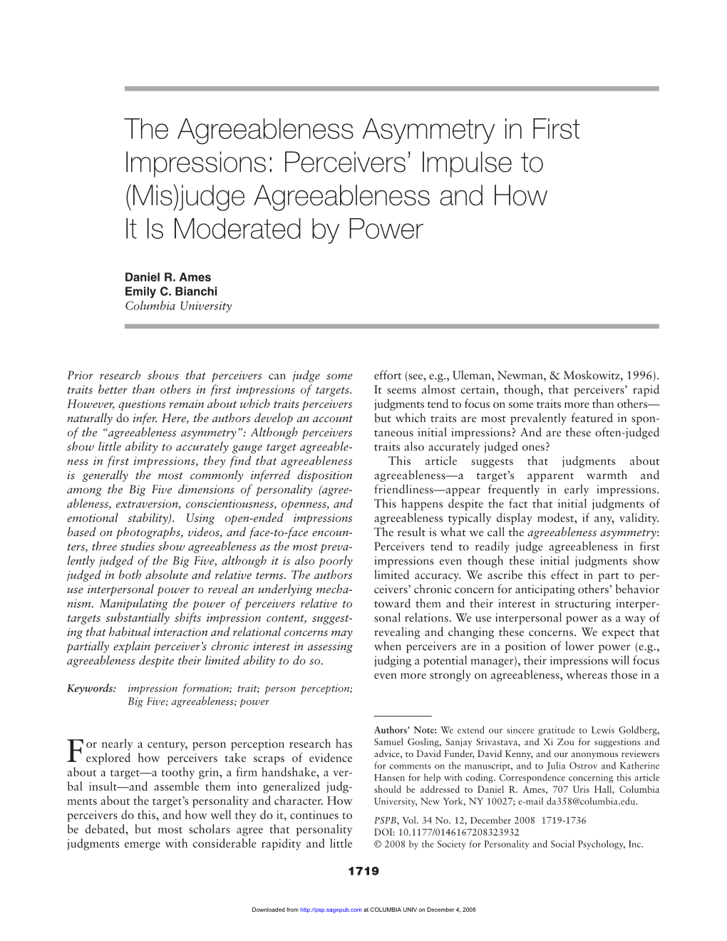 The Agreeableness Asymmetry in First Impressions: Perceivers’ Impulse to (Mis)Judge Agreeableness and How It Is Moderated by Power