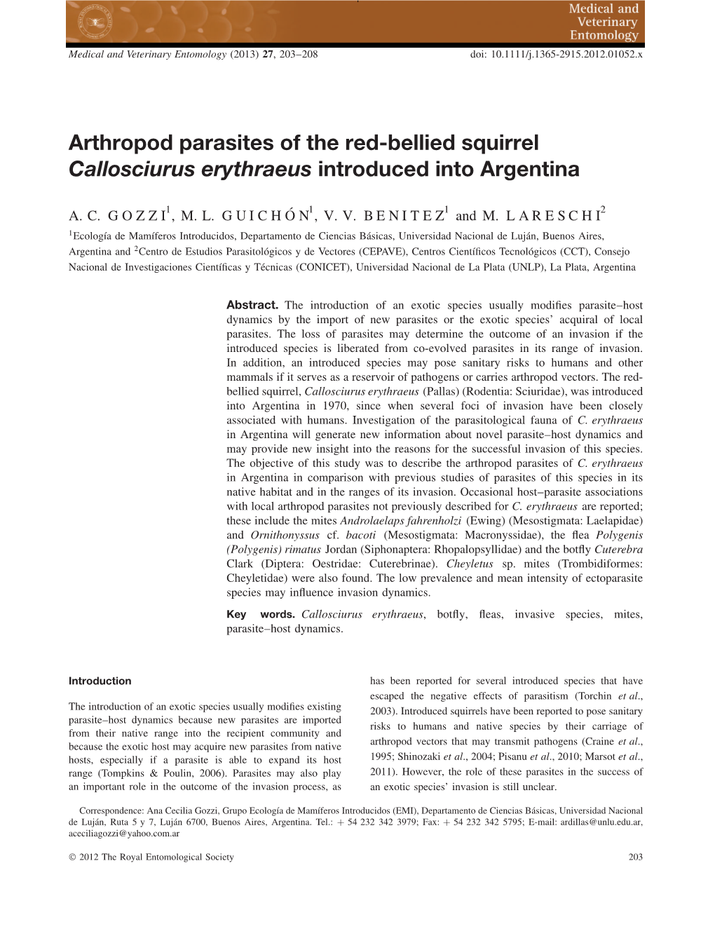 Arthropod Parasites of the Red-Bellied Squirrel Callosciurus Erythraeus Introduced Into Argentina