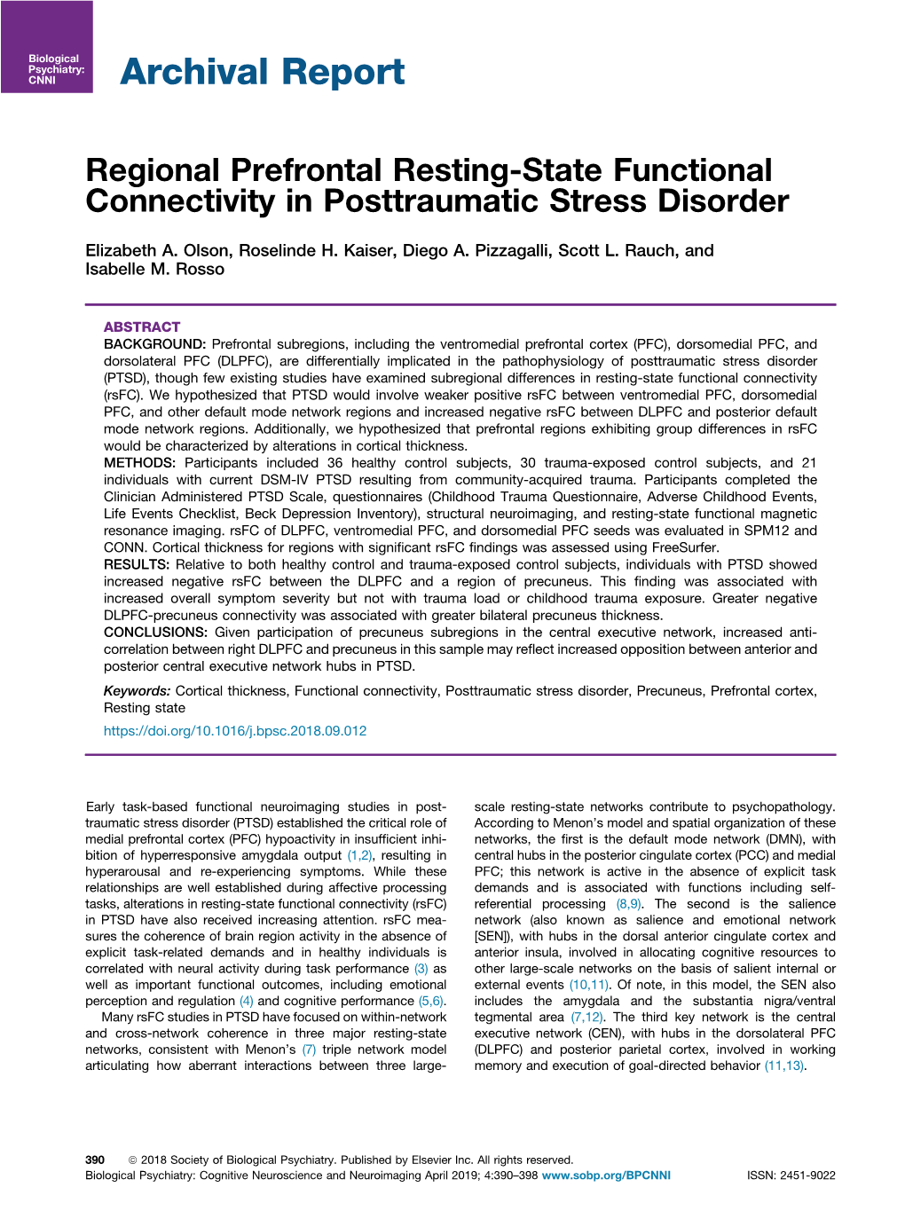 Regional Prefrontal Resting-State Functional Connectivity in Posttraumatic Stress Disorder