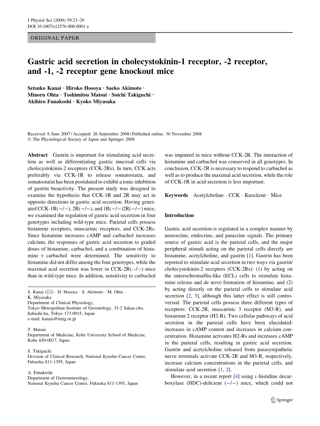 Gastric Acid Secretion in Cholecystokinin-1 Receptor, -2 Receptor, and -1, -2 Receptor Gene Knockout Mice