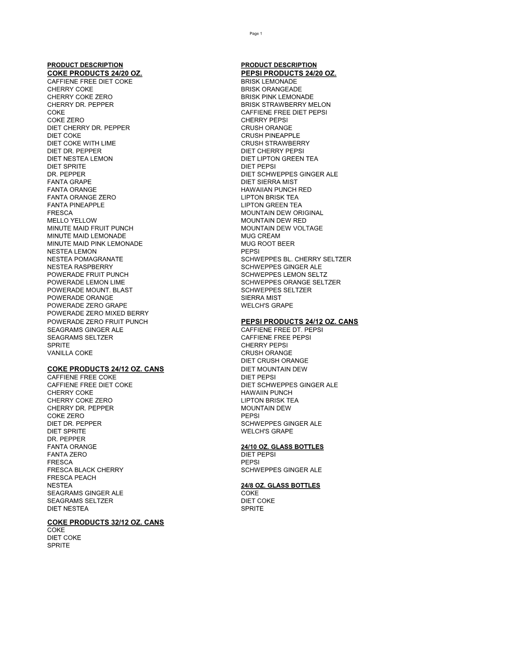 Coke Products 24/20 Oz. Pepsi Products 24/20 Oz