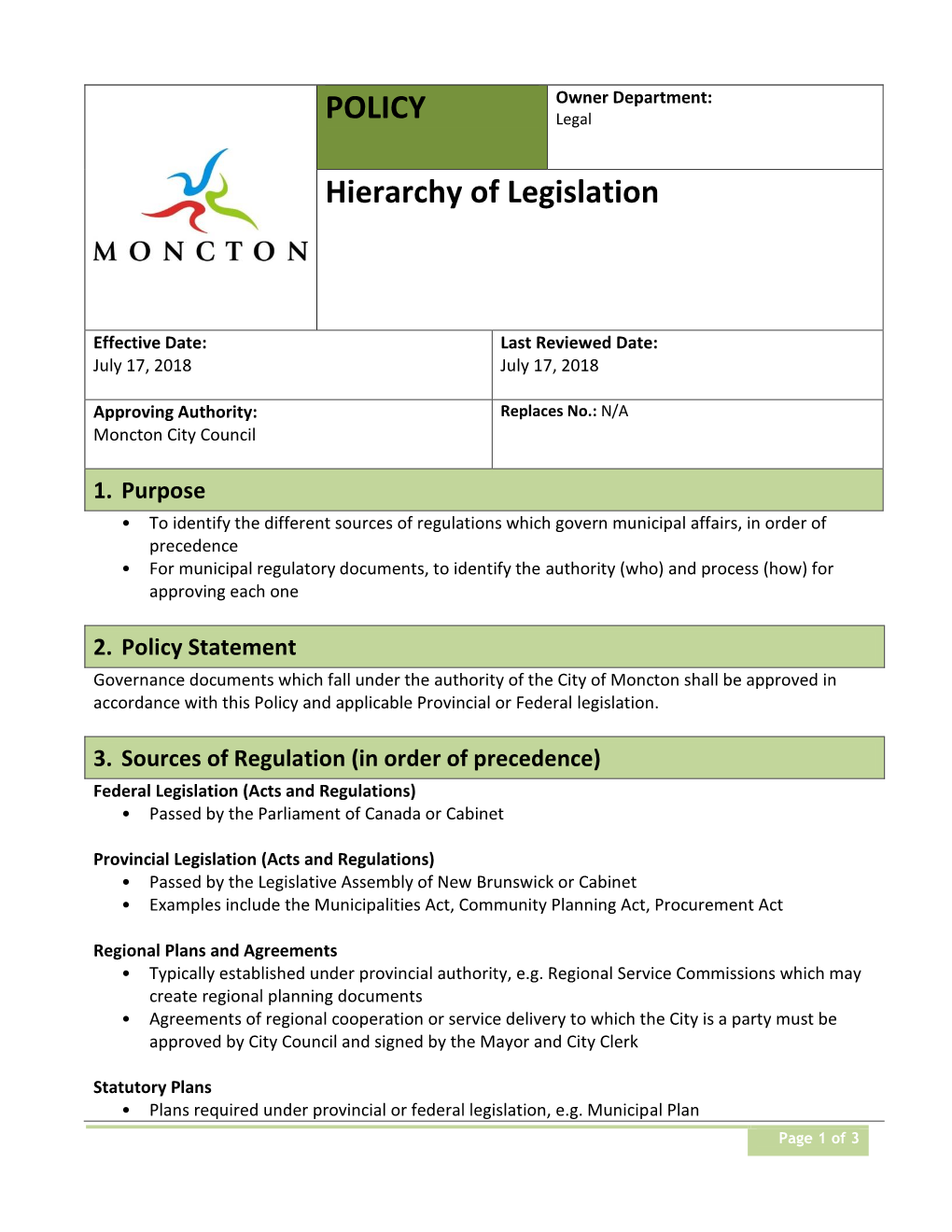 POLICY Hierarchy of Legislation