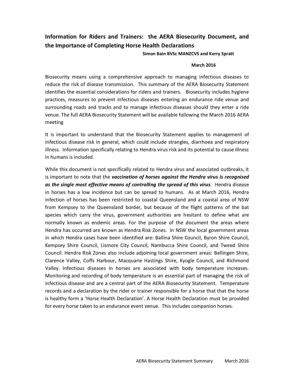 The AERA Biosecurity Document, and the Importance of Completing Horse Health Declarations Simon Bain Bvsc MANZCVS and Kerry Spratt