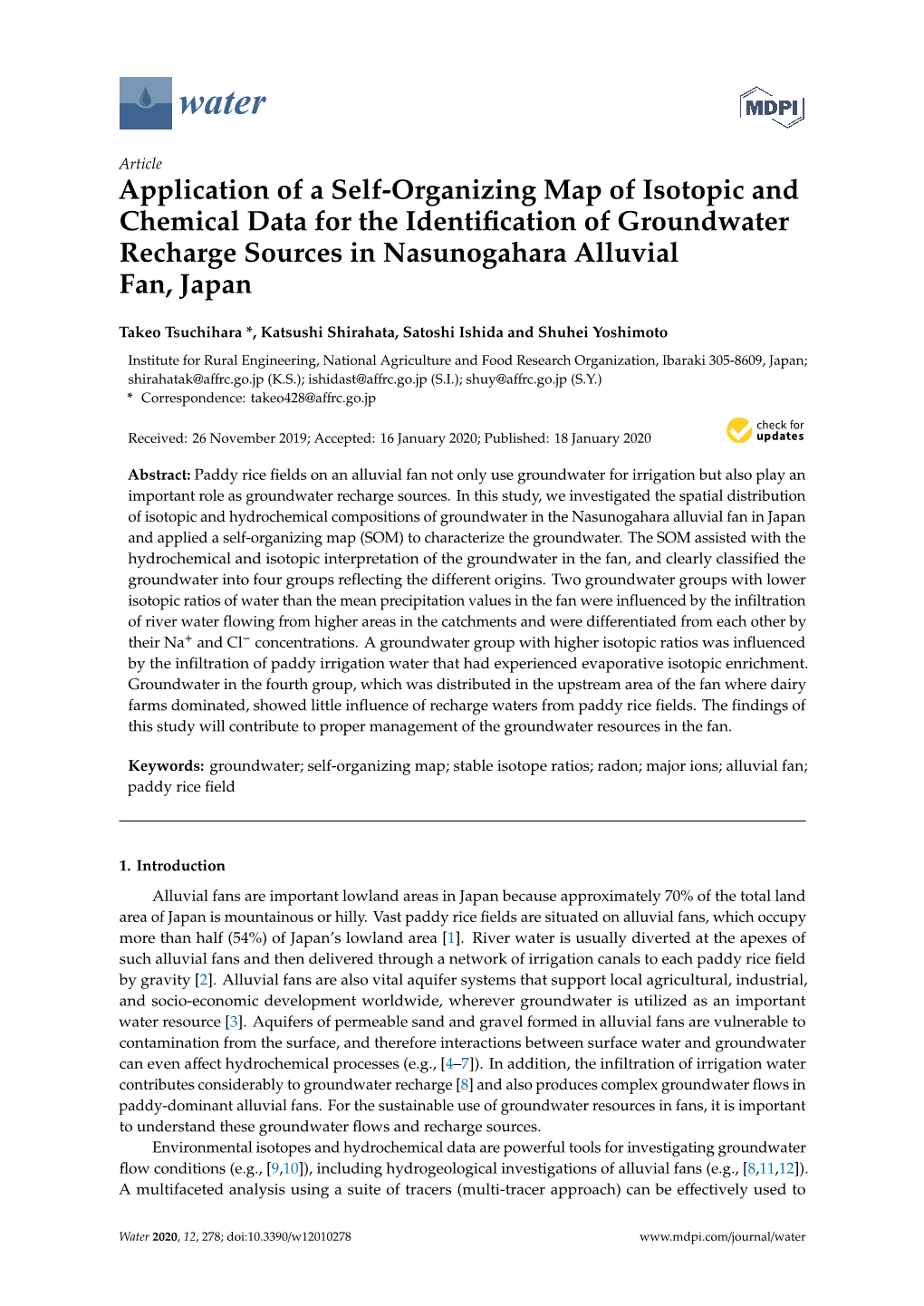 Application of a Self-Organizing Map of Isotopic and Chemical Data for the Identiﬁcation of Groundwater Recharge Sources in Nasunogahara Alluvial Fan, Japan