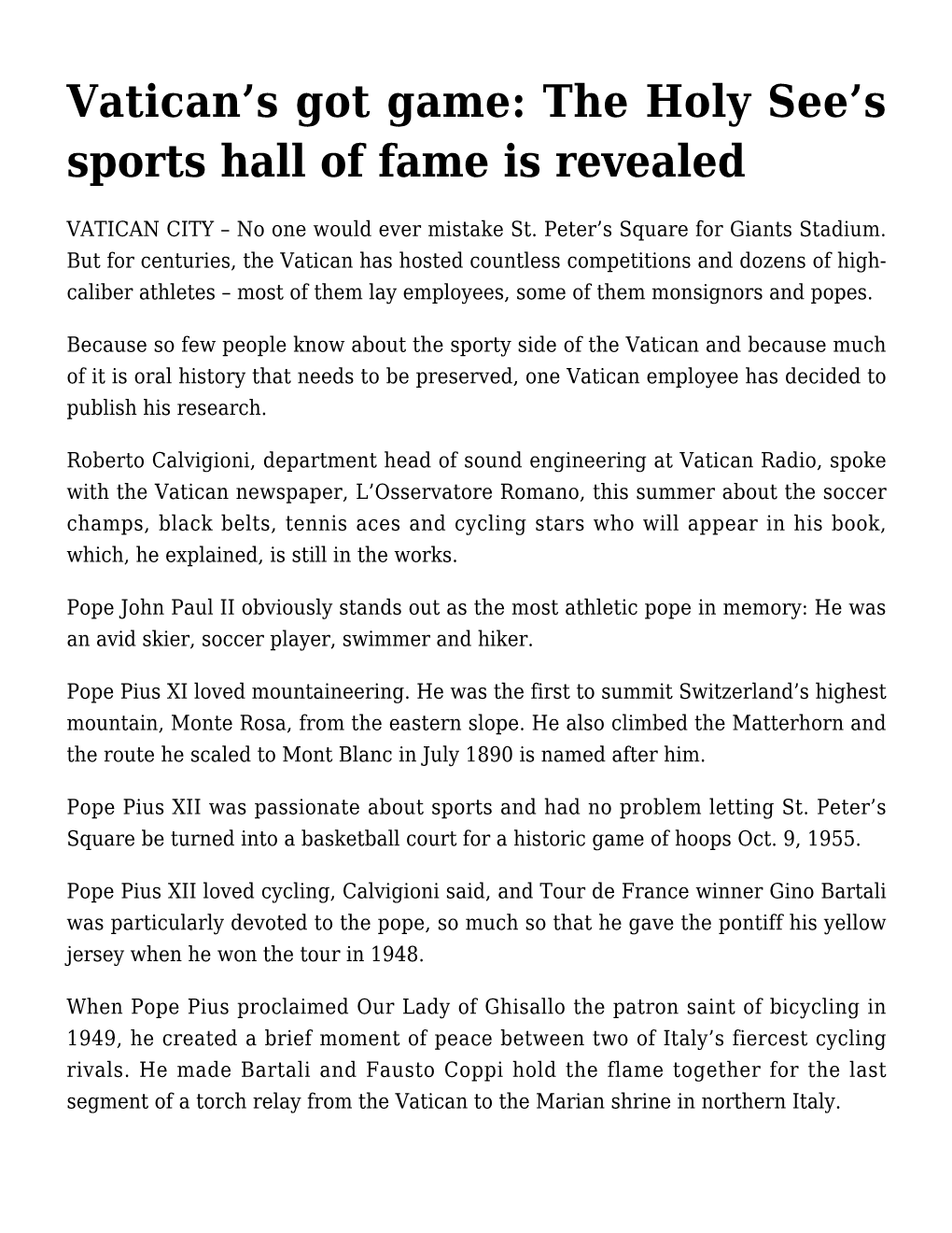 Vatican's Got Game: the Holy See's Sports Hall of Fame Is Revealed