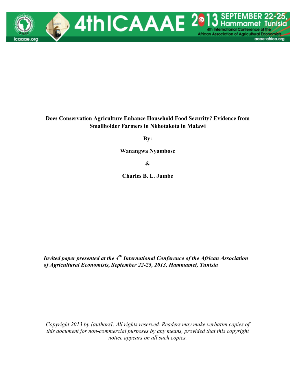 Does Conservation Agriculture Enhance Household Food Security? Evidence from Smallholder Farmers in Nkhotakota in Malawi