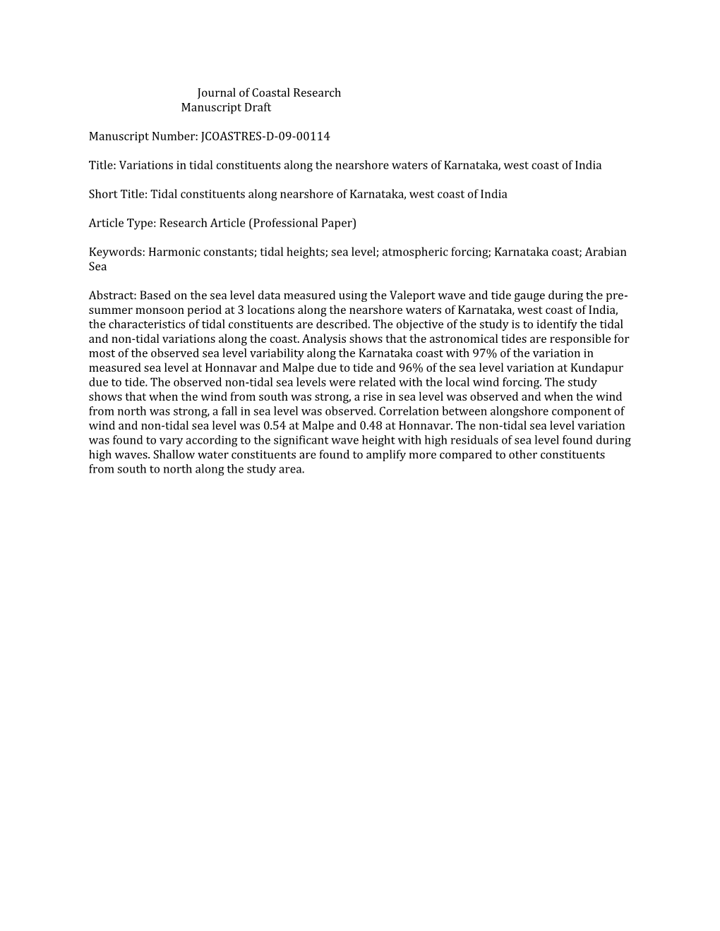 Variations in Tidal Constituents Along the Nearshore Waters of Karnataka, West Coast of India