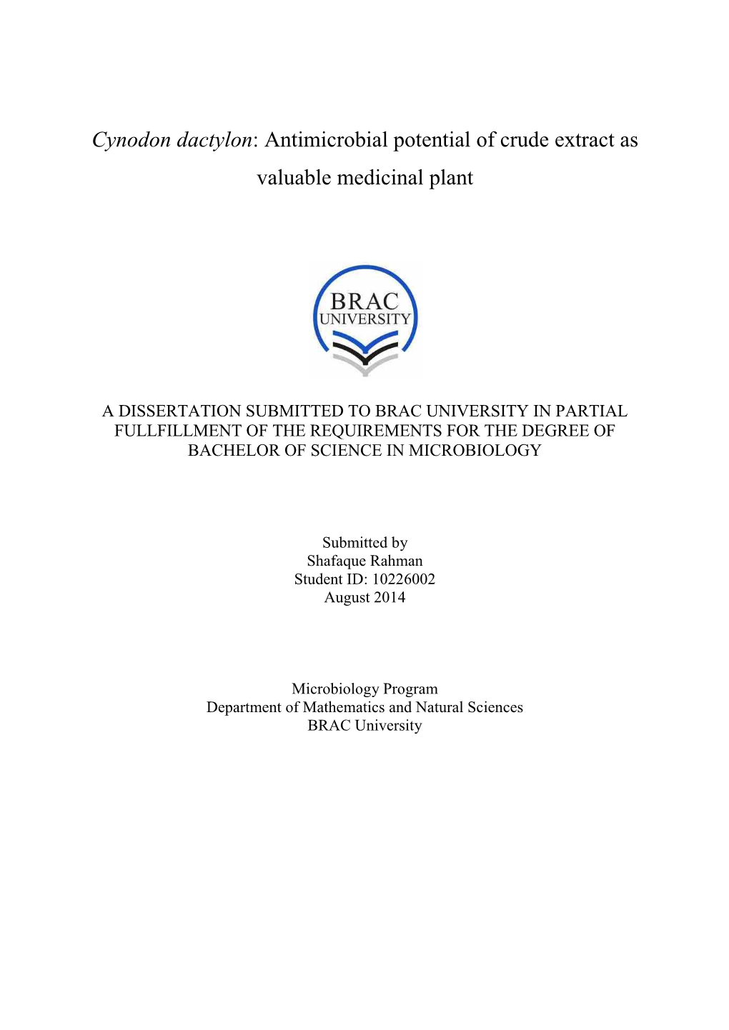 Cynodon Dactylon: Antimicrobial Potential of Crude Extract As Valuable Medicinal Plant