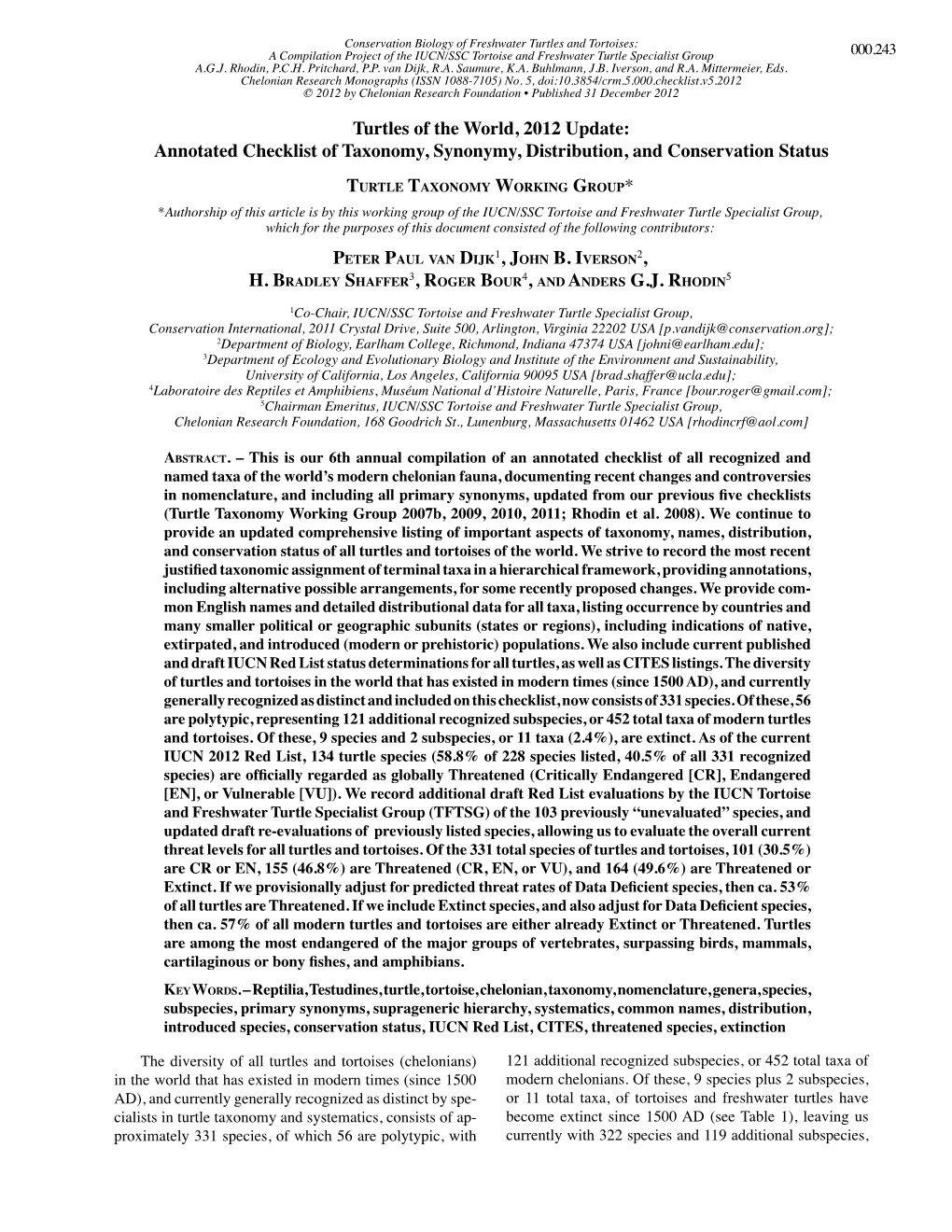 Annotated Checklist of Taxonomy, Synonymy, Distribution, and Conservation Status