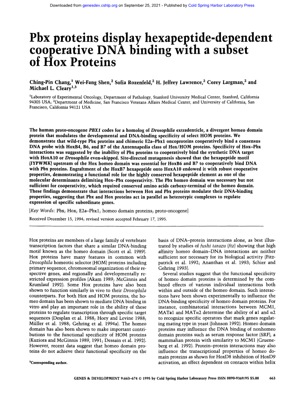 Pbx Proteins Display Hexapeptide-Dependent Cooperative DNA Binding with a Subset of Hox Proteins