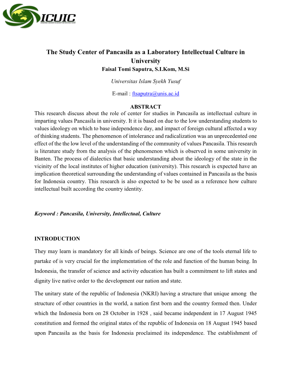 The Study Center of Pancasila As a Laboratory Intellectual Culture in University Faisal Tomi Saputra, S.I.Kom, M.Si