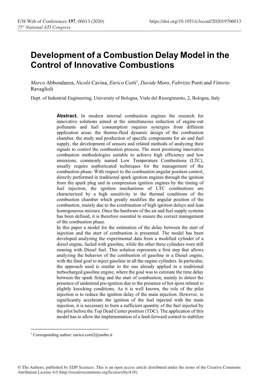 Development of a Combustion Delay Model in the Control of Innovative Combustions